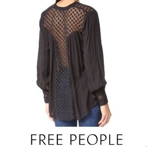 FREE PEOPLE | The Best Button Down Shirt Black Long Sleeve Lace Crochet Boho